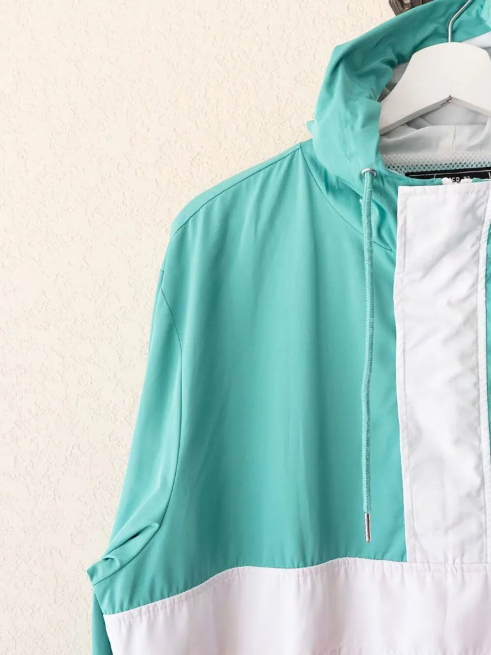 Forever 21 Windbreaker Womens L Pink Turquoise Colorblock Hooded Jacket Y2K